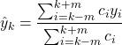 \[\hat{y}_k = \frac{\sum_{i=k-m}^{k+m}c_i y_i}{\sum_{i=k-m}^{k+m}c_i}\]
